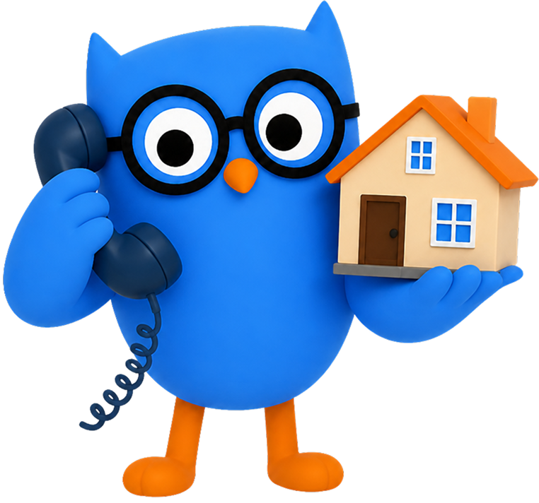 owl mascot on a call holding a house model